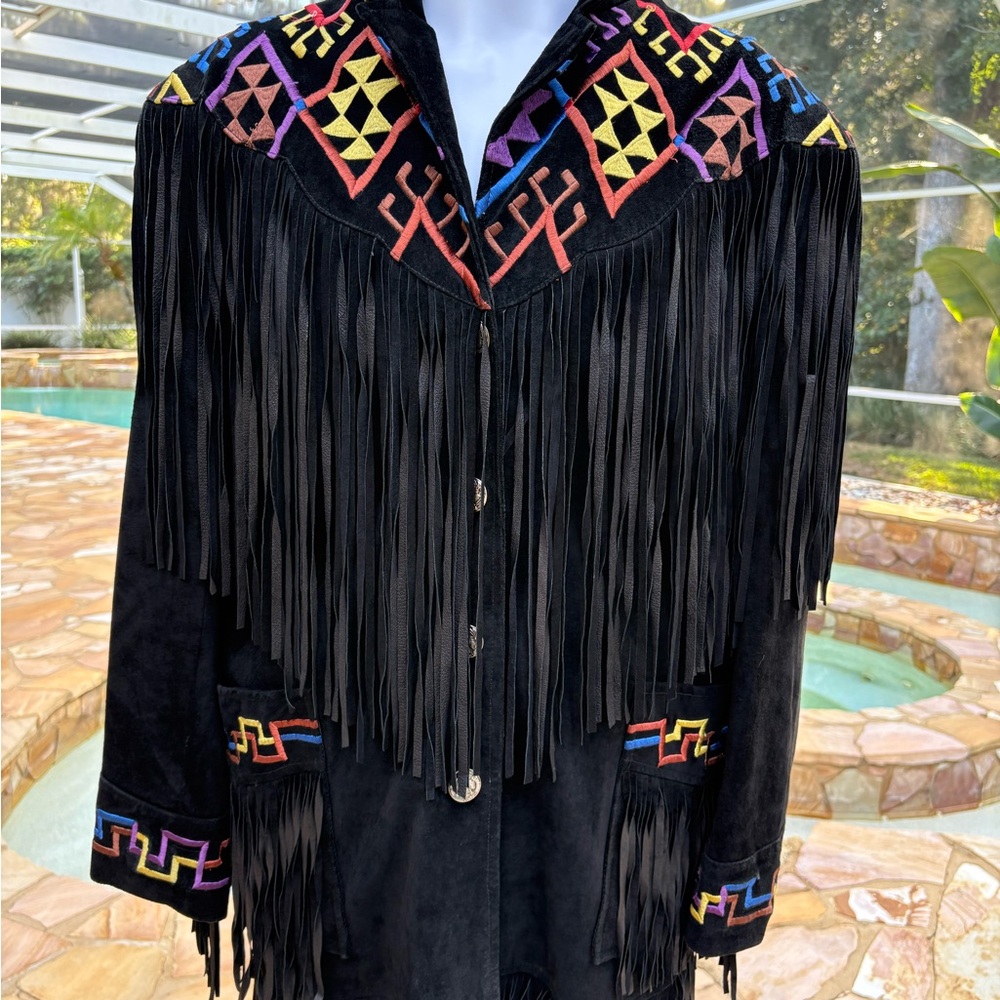 Vintage Erez Levy Suede Black Fringe Jacket with Colorful Geometric Patterns